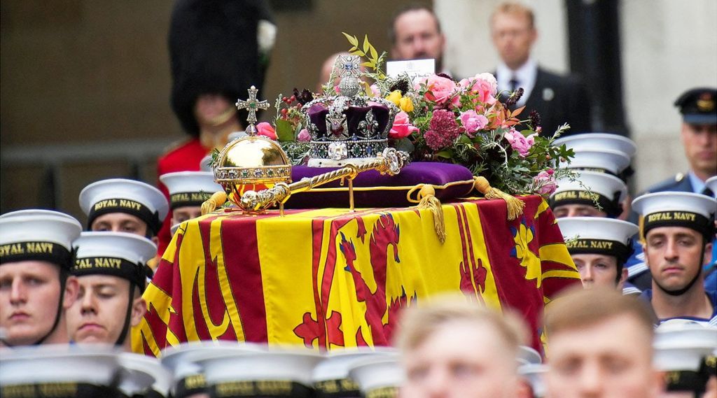 The Queen's coffin is carried into Westminster Abbey