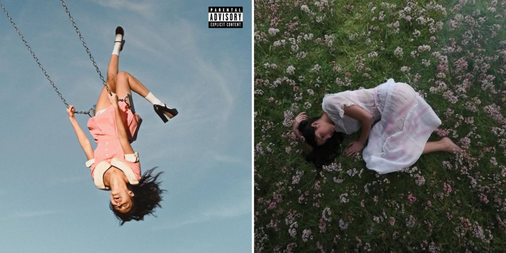The front and back cover for Olivia Rodrigo's You Seem Pretty Sad For A Girl So In Love. The first image shows the singer throwing her head back in joy as she rides on a playground swing, while the second sees her fallen to the ground, curled up in sadness.