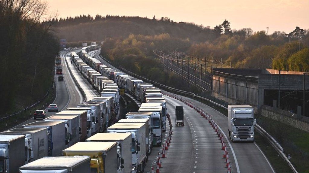 Lorries queuing on the M20 towards Dover