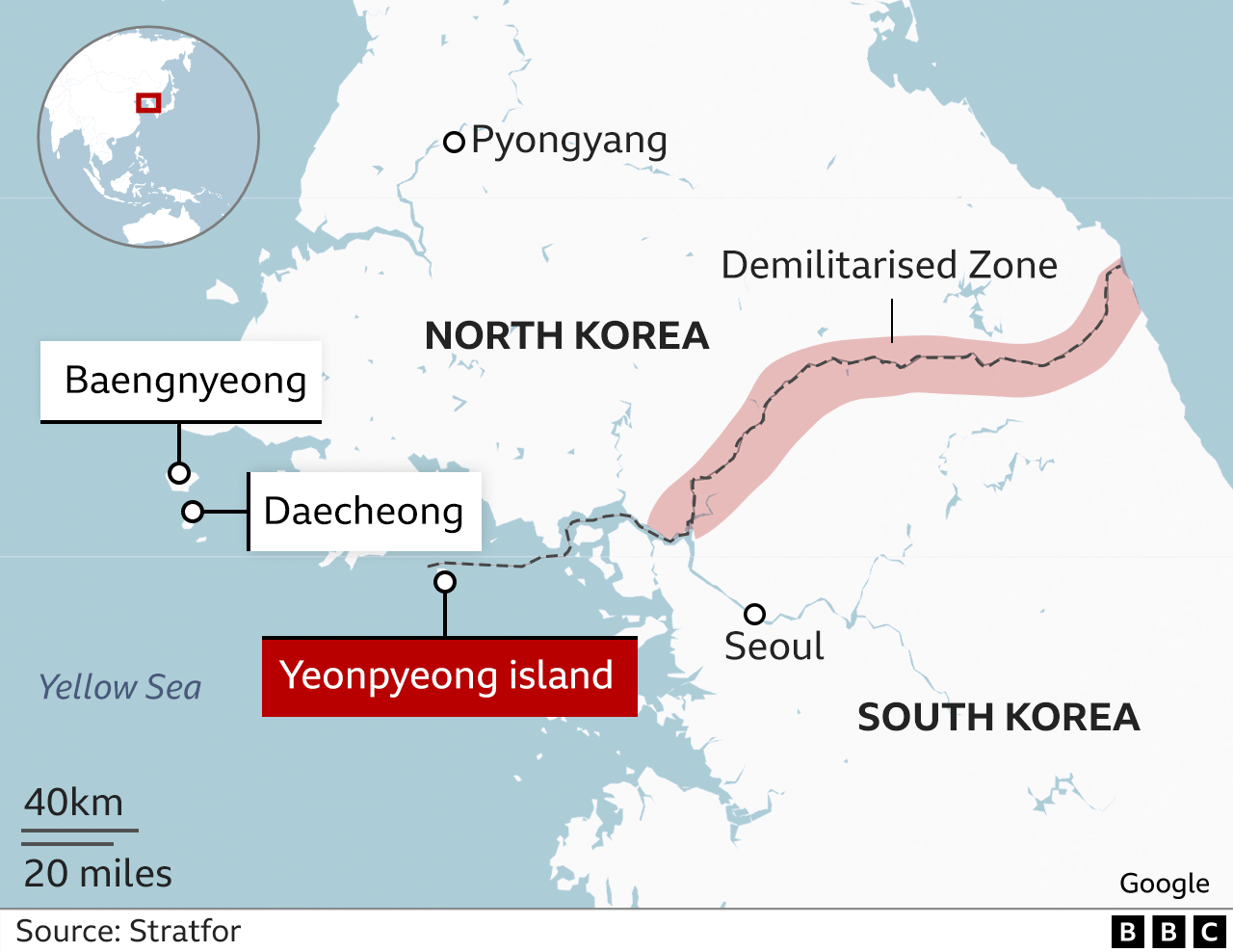 A BBC map shows North and South Korea with the respective capitals, Pyongyang and Seoul, both marked - along with the South's Yeonpyeong, Daecheong and Baengnyeong islands to the west