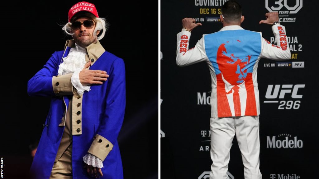 Colby Covington dressed as George Washington beside a picture of him in a Donald Trump suit, with the ex-President's mugshot on it
