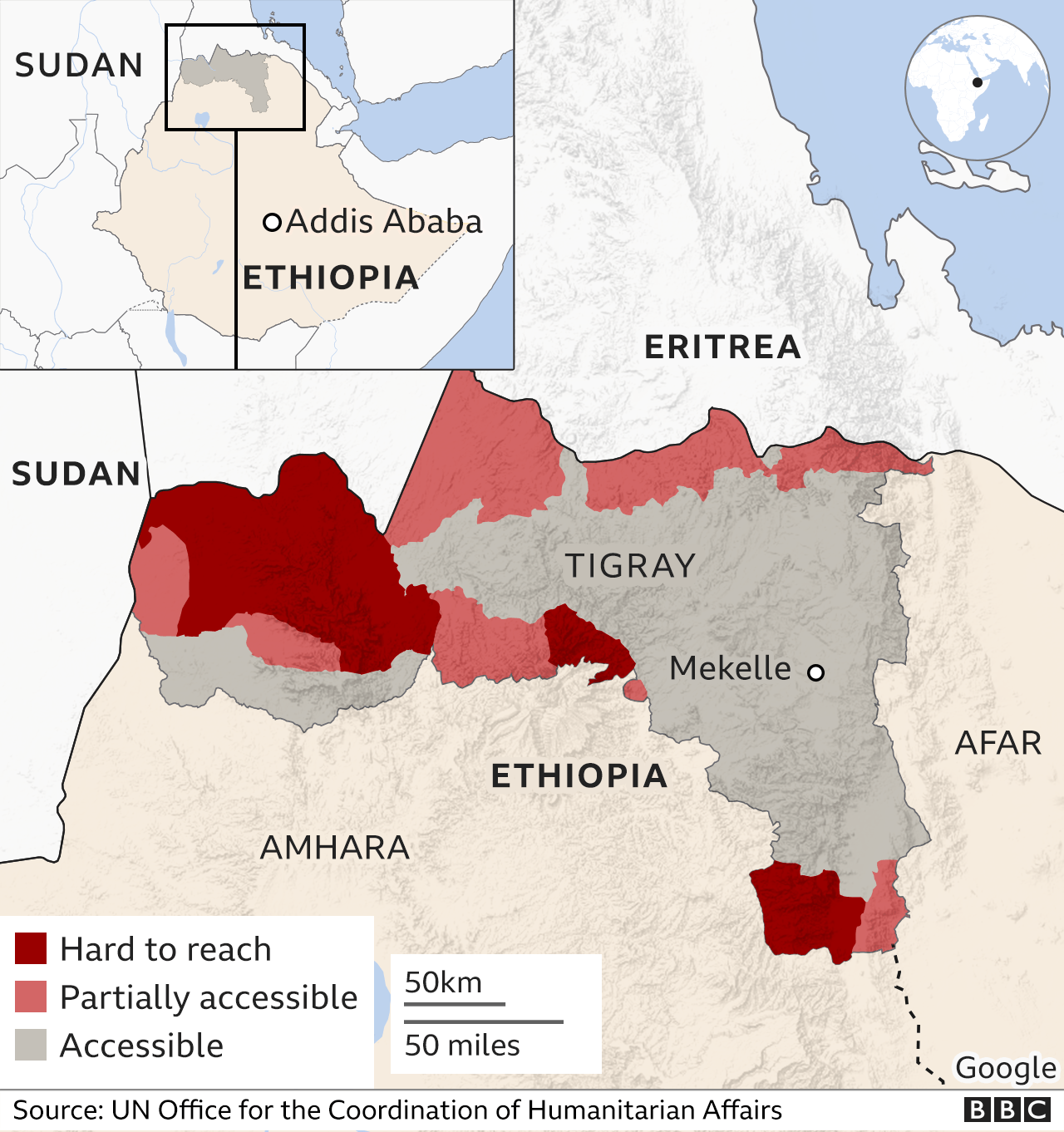map of Tigray showing limited access for humanitarian supplies