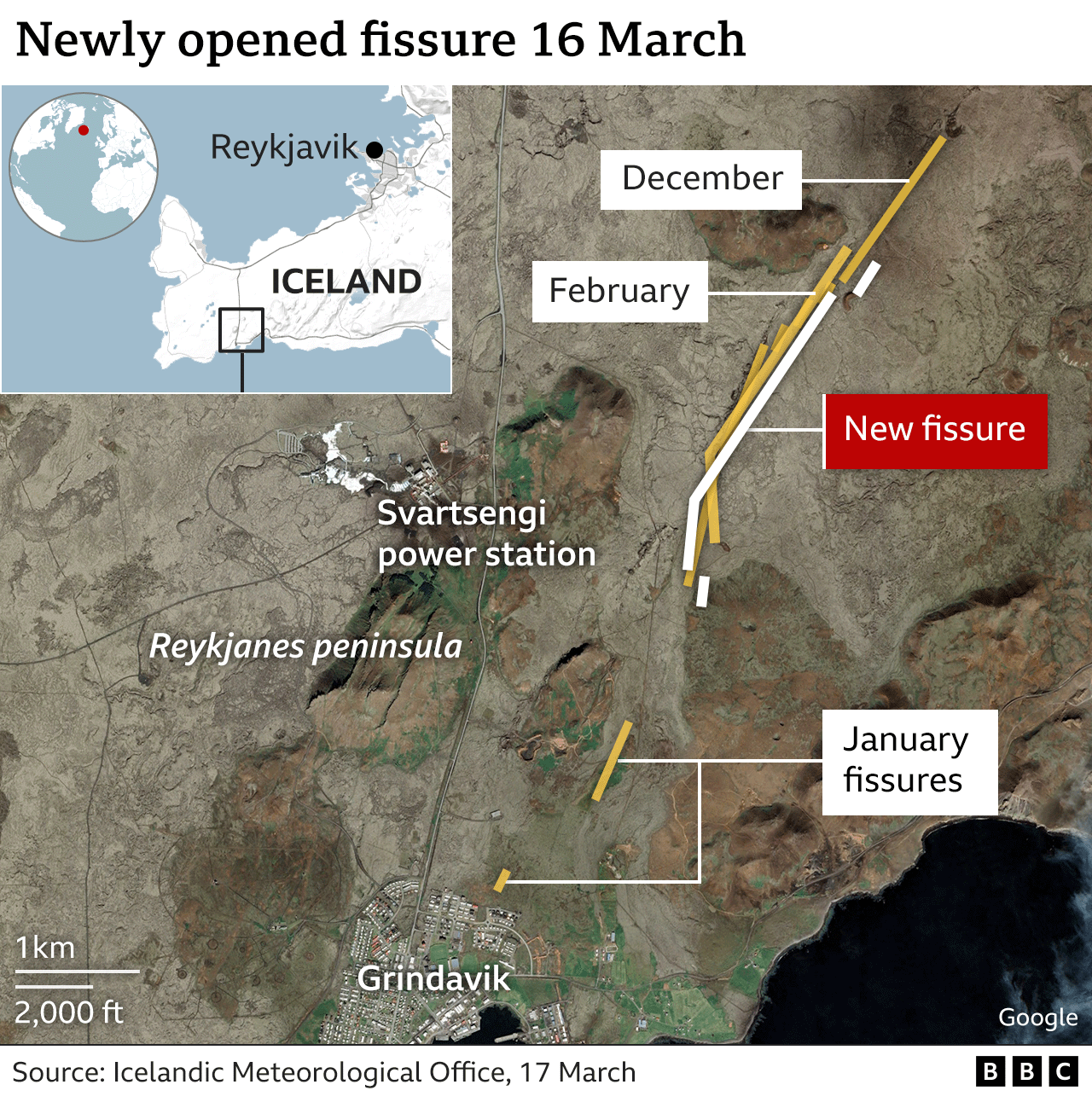 Map showing where previous volcanic eruptions have taken place in Iceland's Reykjanes peninsula.