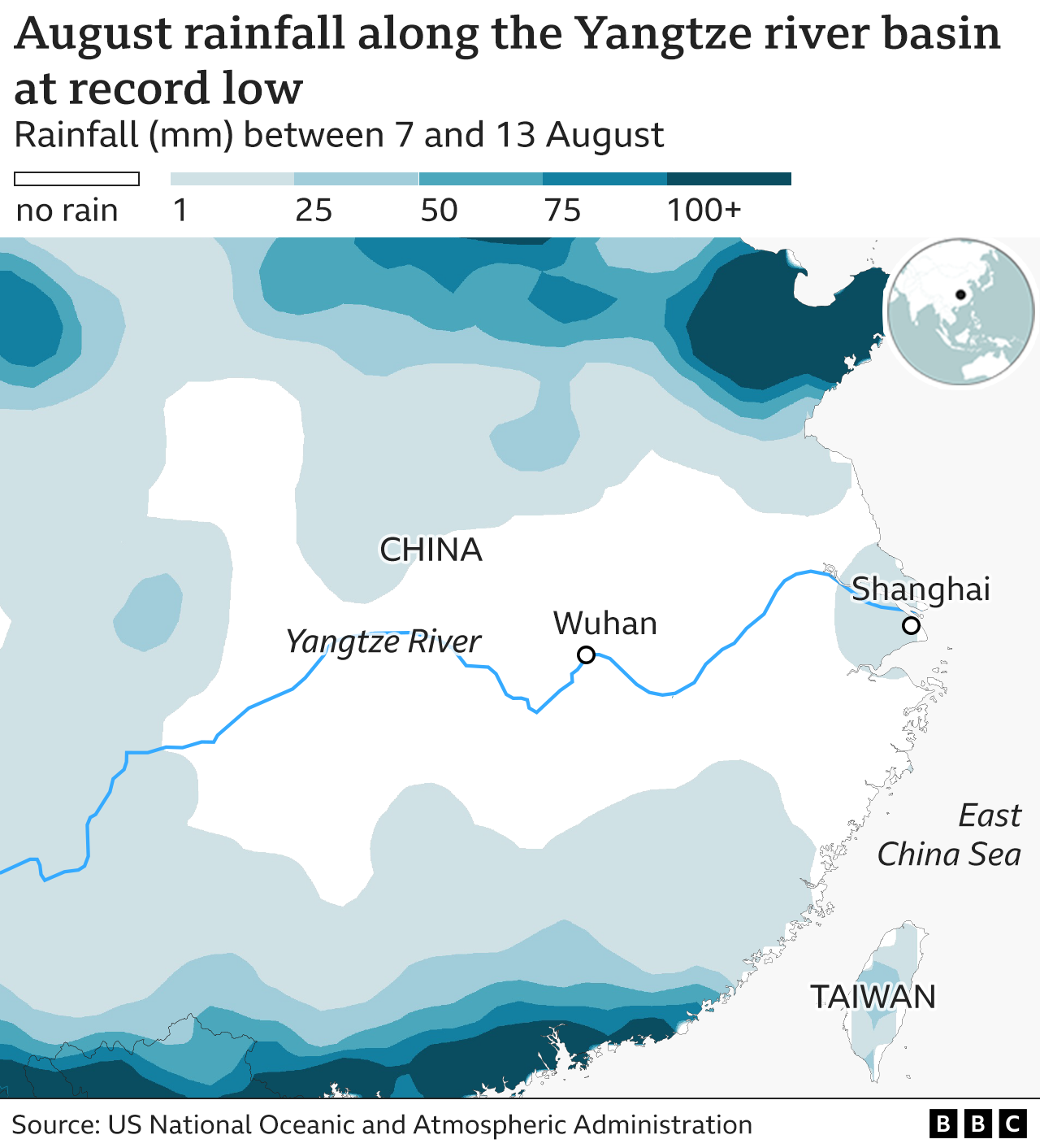 Map of China showing rainfall 13-17 August