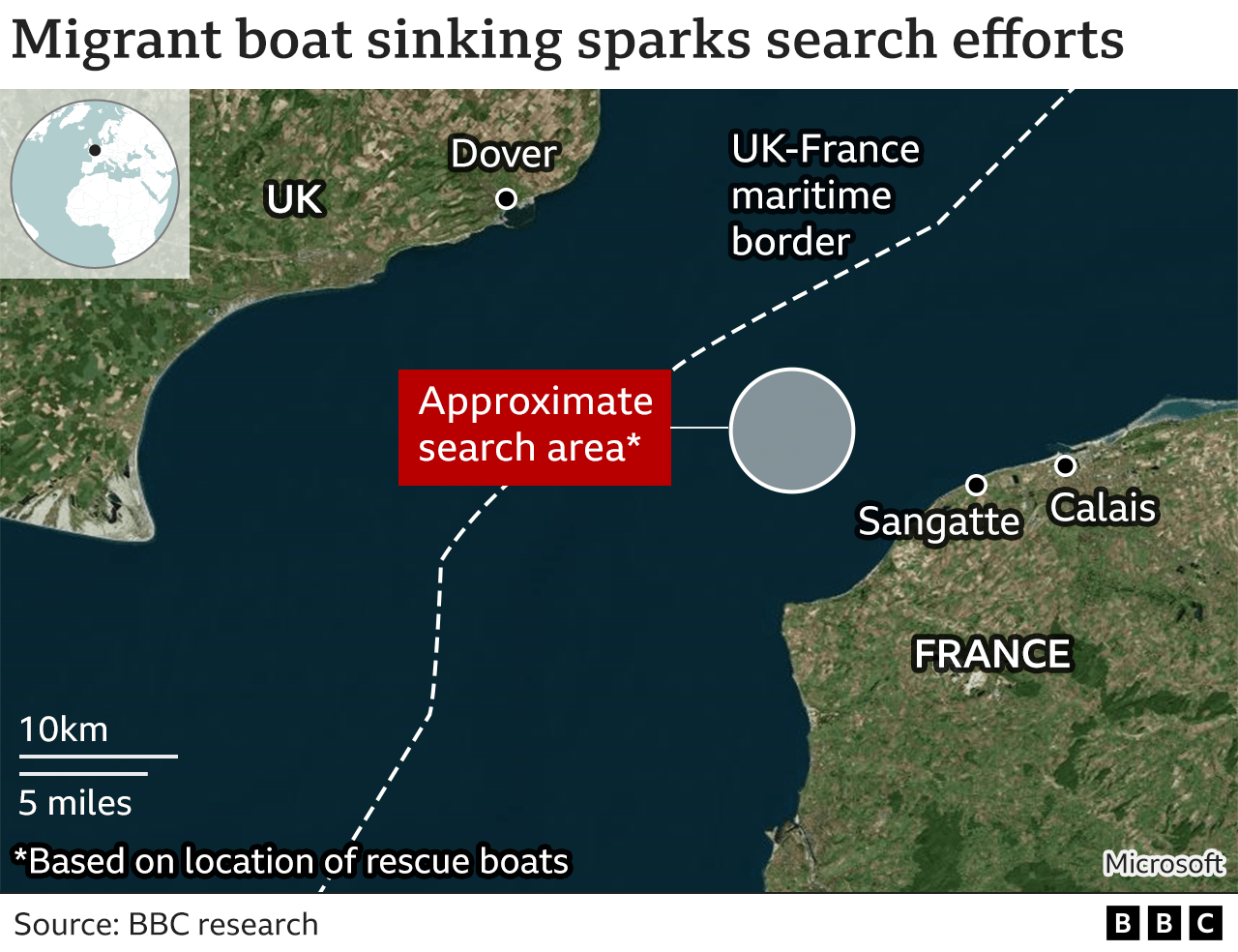 A map showing the area of the search for the migrant boat in comparison with French and English coastlines