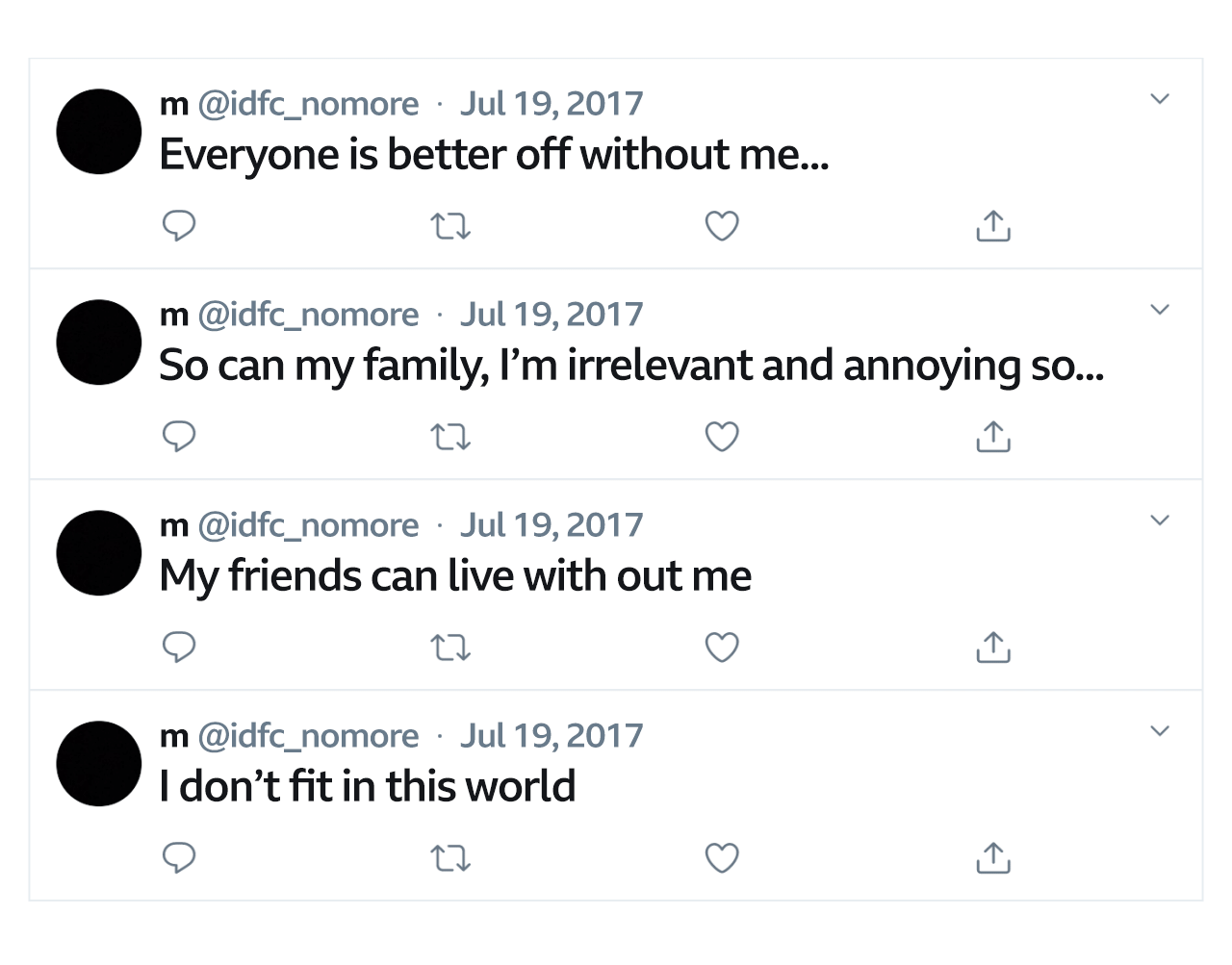 Tweets from Molly saying: 'Everyone is better off without me,' 'So can my family, I'm irrelevant and annoying so...' 'My friends can live without me,' 'I don't fit in this world'.