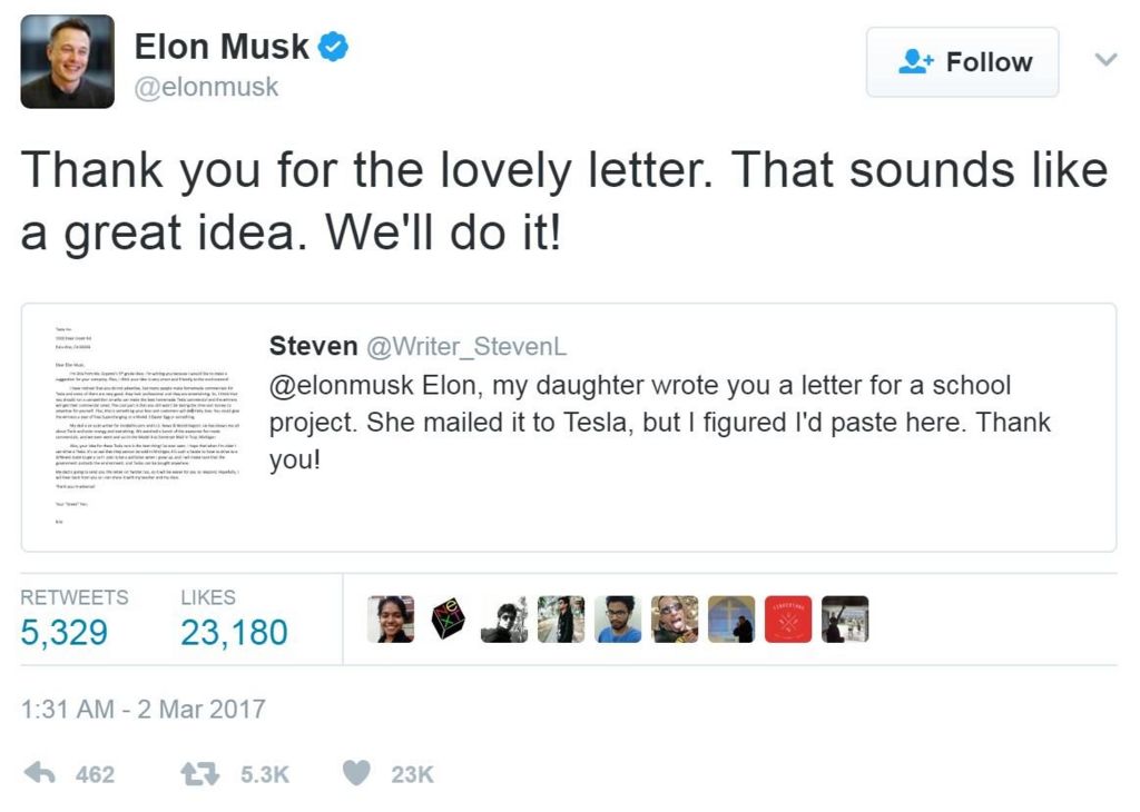 Screengrab of a tweet by Elon Musk