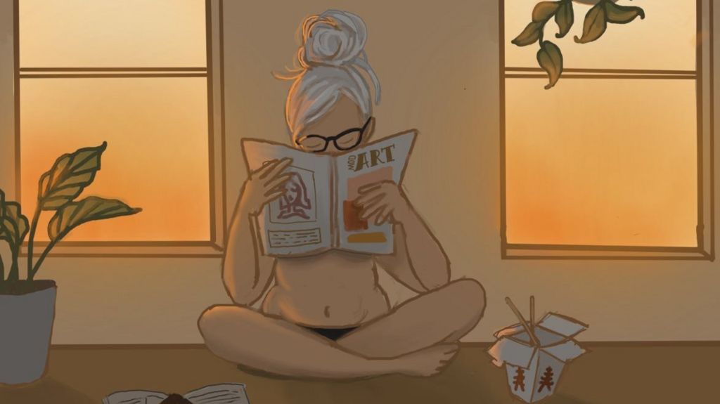 A drawing shows a woman, sitting in underwear, browsing through an art magazine next to a takeaway carton