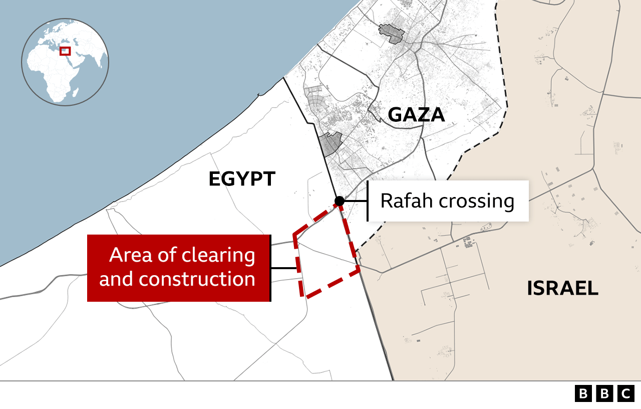 Map showing area of clearing and construction on Egypt's side of the border with Gaza, near the Rafah crossing point