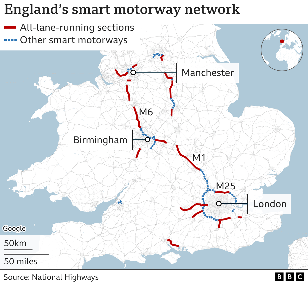 Map showing sections of the smart motorway network, with main bits on the M1, M6 and M25 motorways