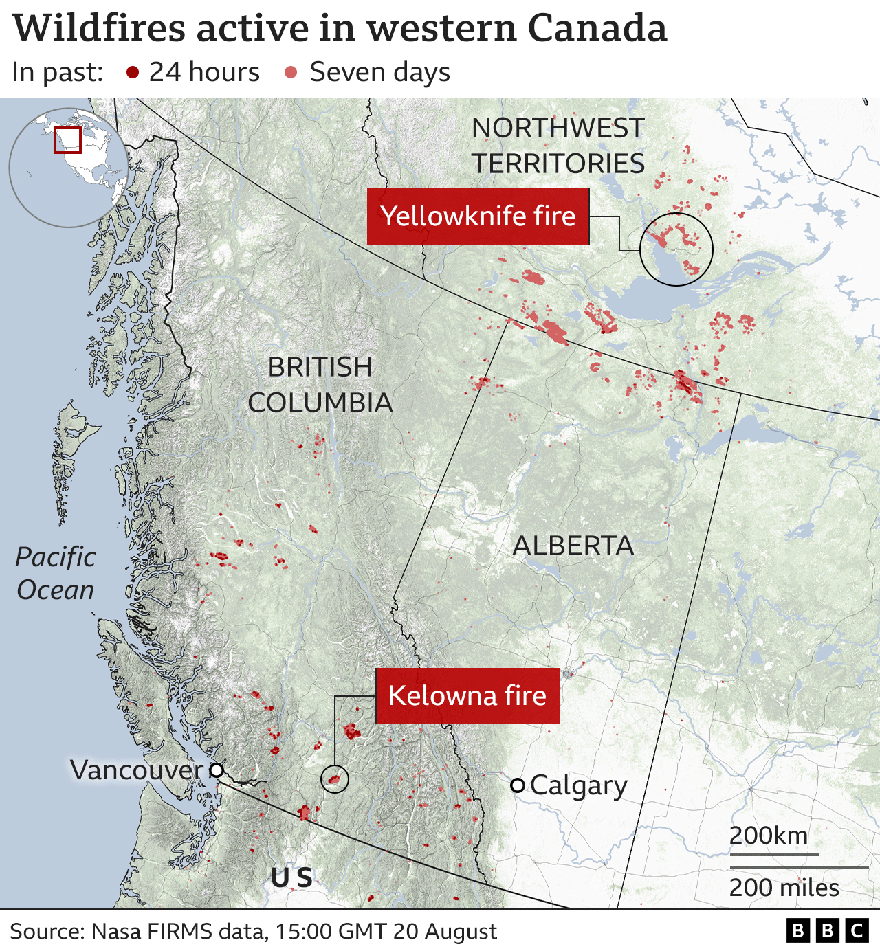 A BBC graphic (current as of 15:00 GMT on 20 August) shows wildfires across the Canadian provinces of British Columbia, Northwest Territories and Alberta. A large number of fires are in the Northwest Territories - including around the city of Yellowknife. Others are clustered around Kelowna in British Columbia