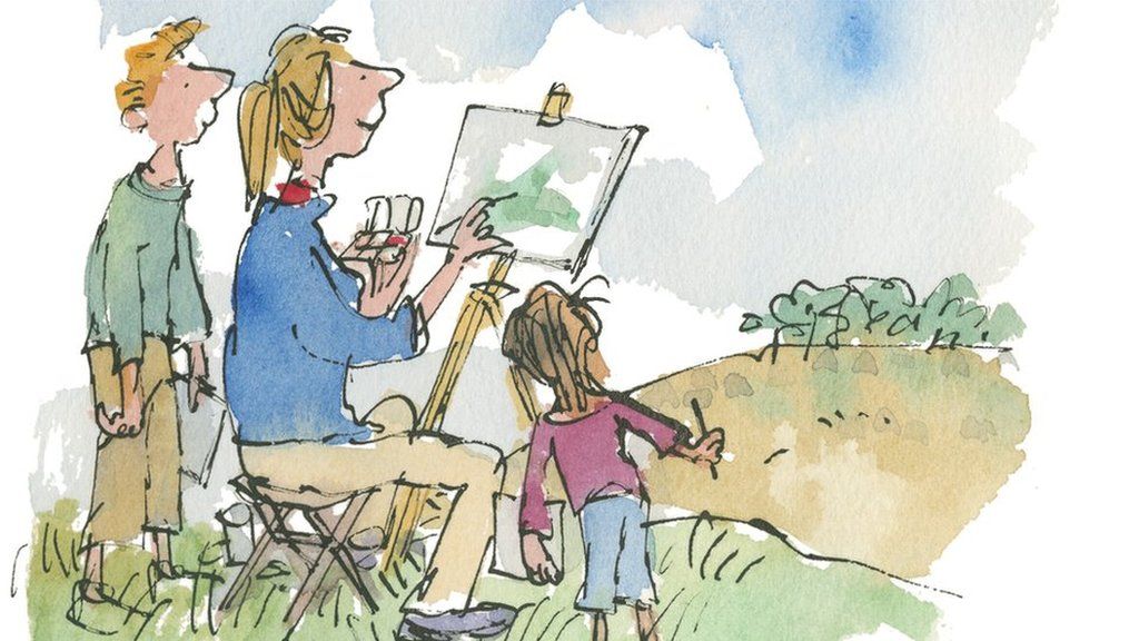 An illustration of a woman painting nature, with two children next to her