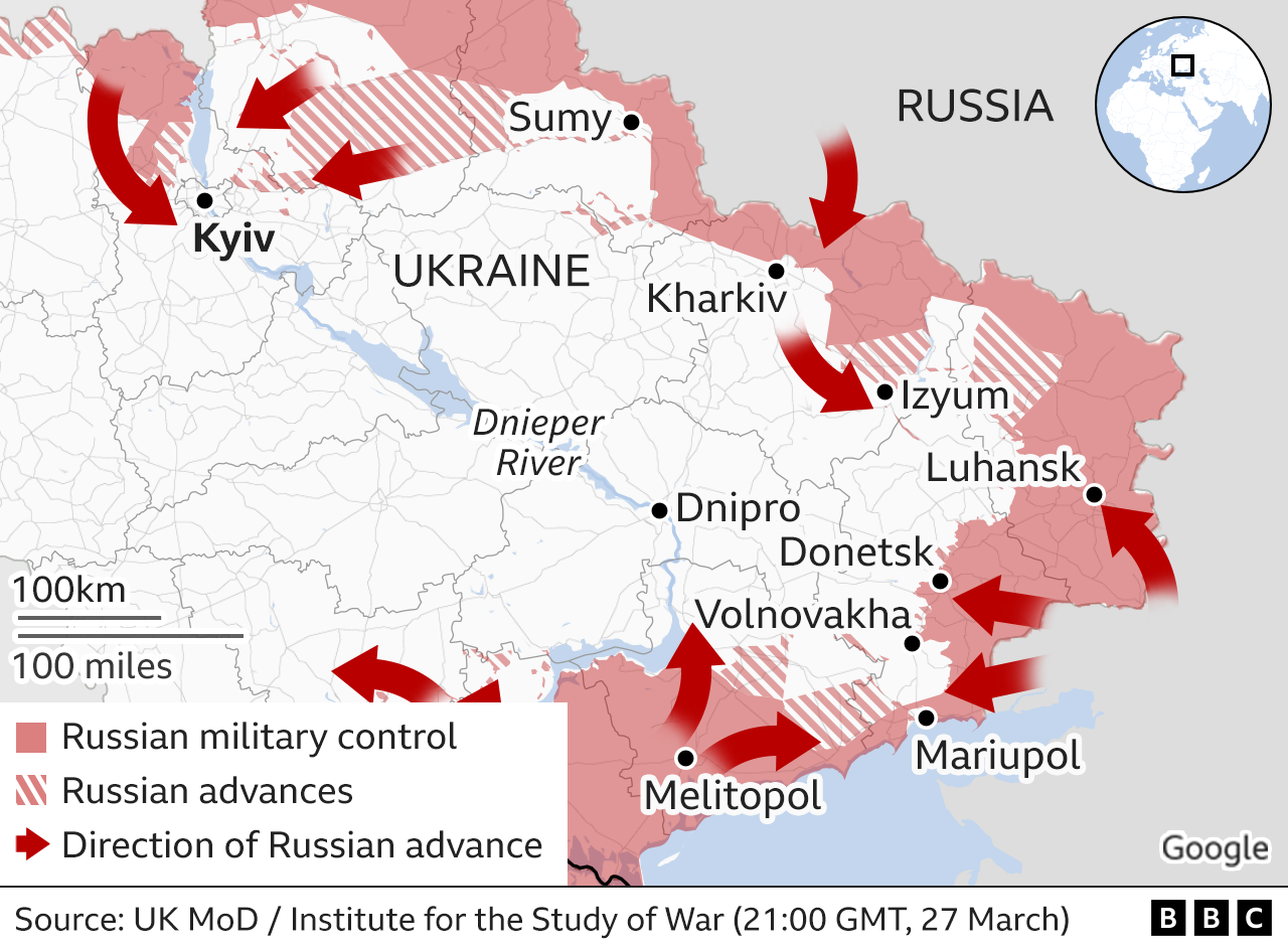 Map showing the Russian military advance into Ukraine from the east