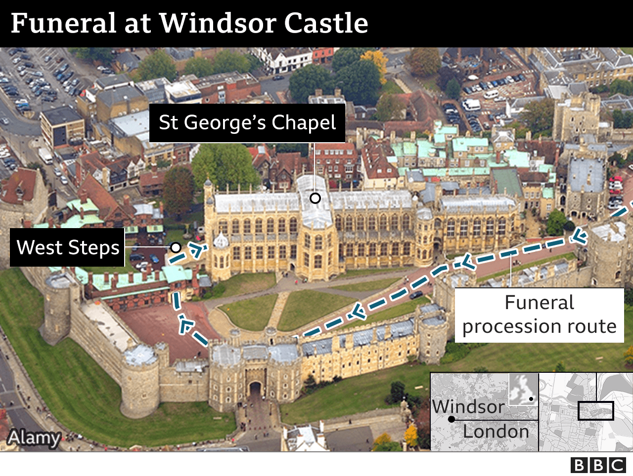 Aerial view of Windsor castle showing procession route