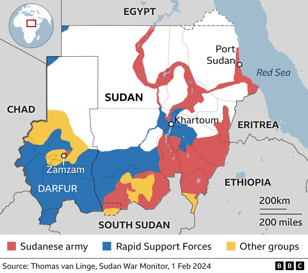 Map of Sudan, showing which areas are controlled by which group