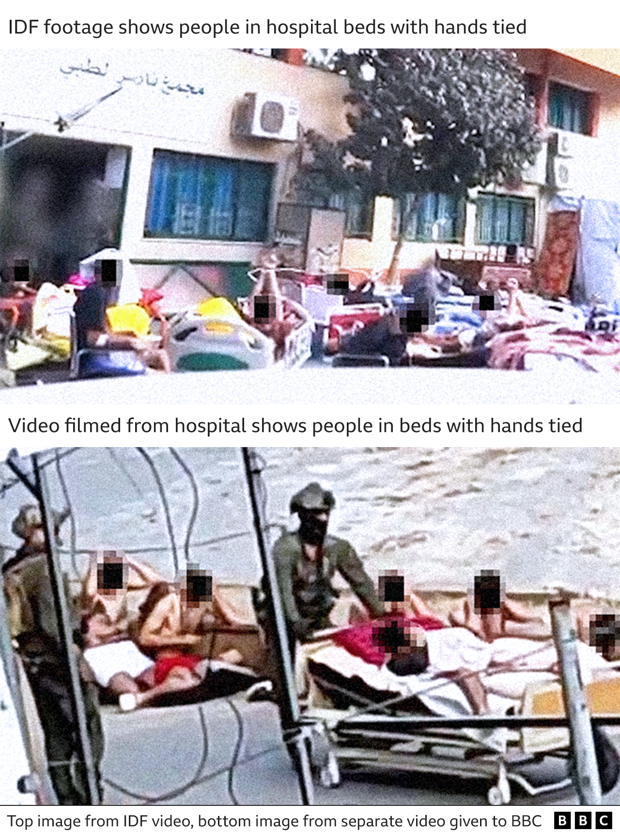 Still images from two videos showing patients with hands tied. One video was from the IDF, the other was filmed from inside the hospital