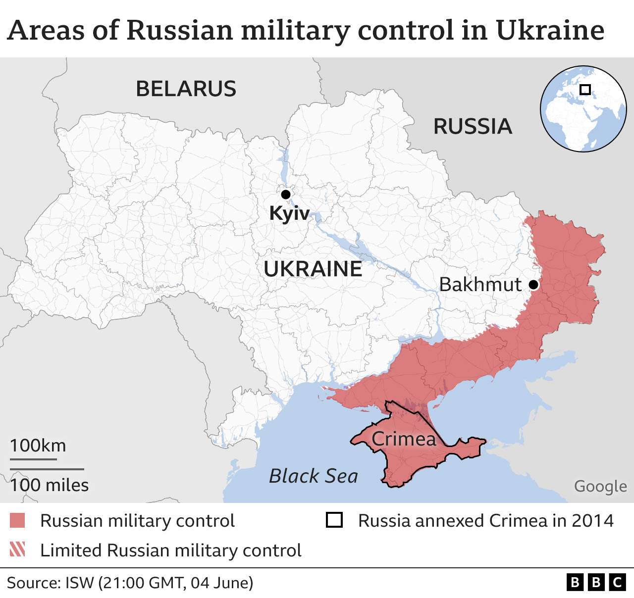 Map showing the location of the city of Bakhmut in eastern Ukraine on the edge of the area currently under Russian military control.