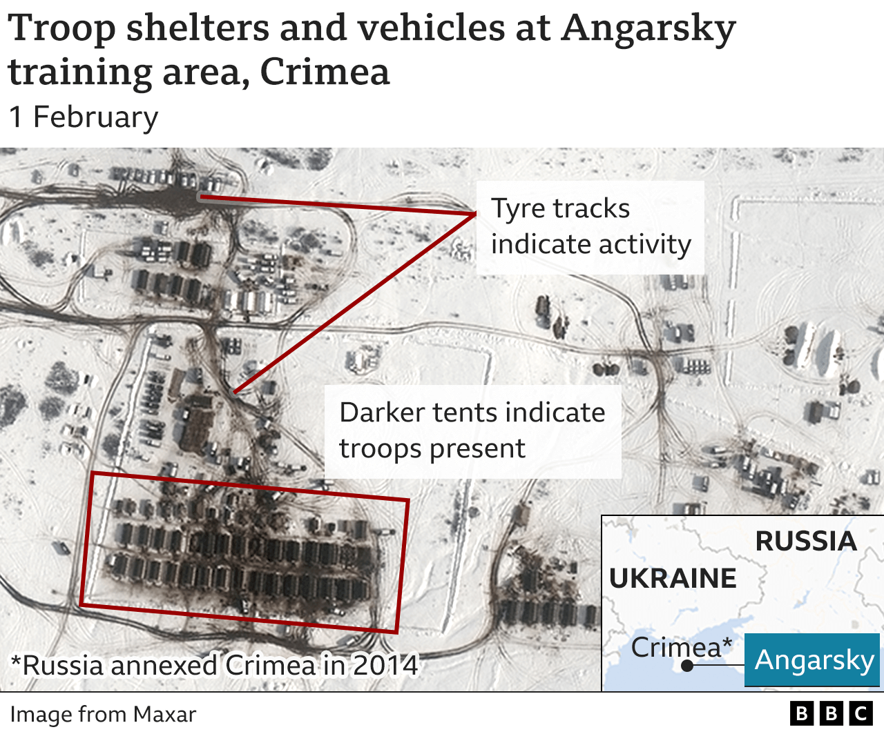 Satellite image showing troop shelters and vehicles in Crimea.