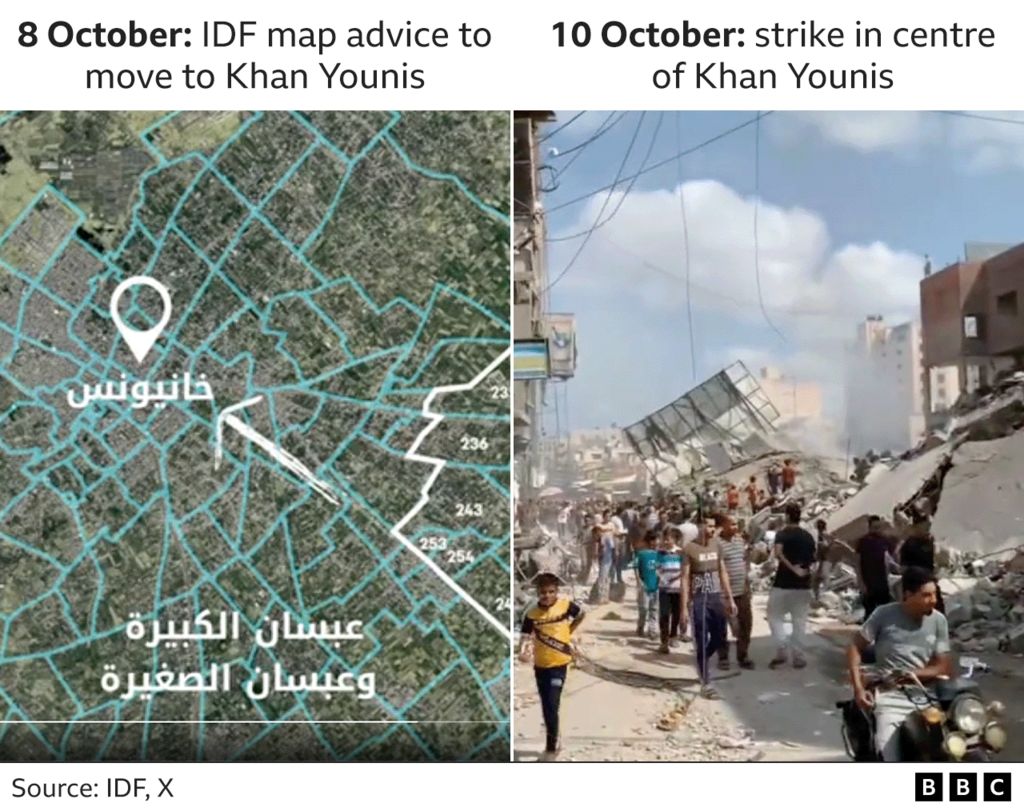Graphic shows on the left an IDF tweet and map advising people to move to centre of Khan Younis and on the right a still from a verified video of strike in Khan Younis