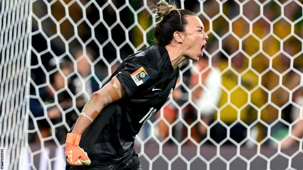 Mackenzie Arnold reacts during the penalty shootout victory over France