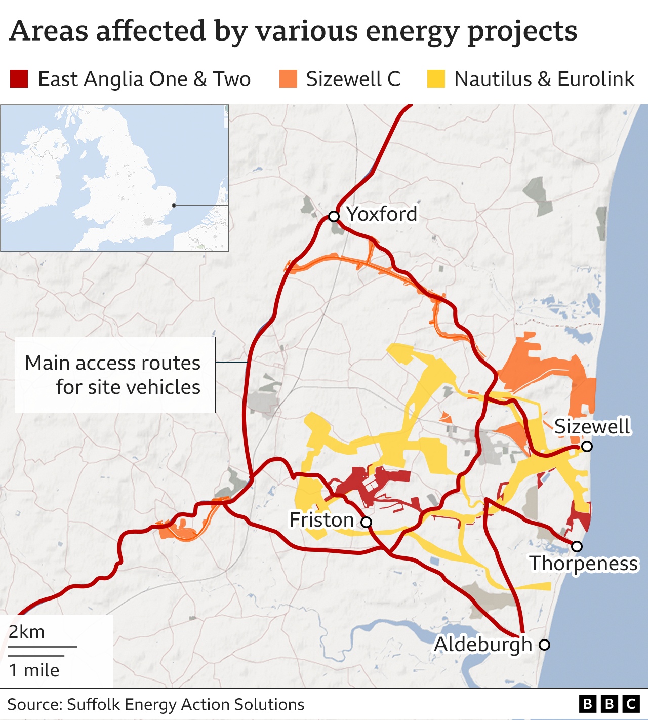 A graphic showing areas affected by various energy projects in Suffolk