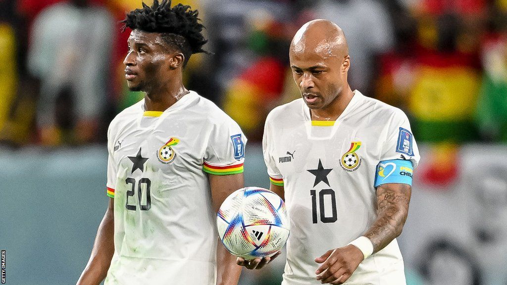 Mohammed Kudus and Andre Ayew react during Ghana's 2022 World Cup group game against Uruguay