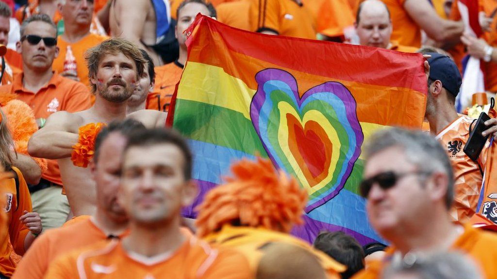 Netherlands fans with a rainbow flag