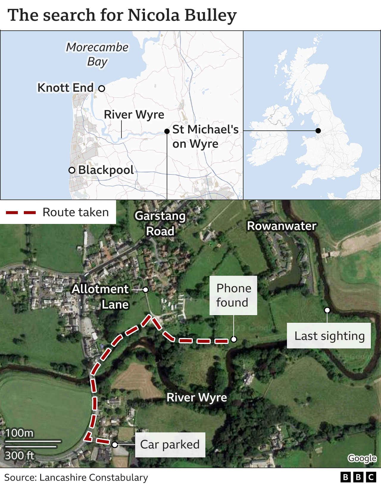 Map showing the route Nicola Bulley is thought to have taken after she parked her car and walked along the river path