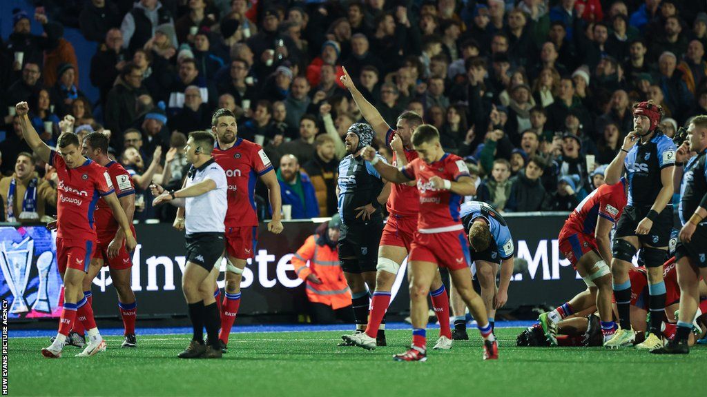 Bath celebrate victory against Cardiff at a packed Arms Park which attracted Welsh rugby's biggest domestic crowd of the season so far