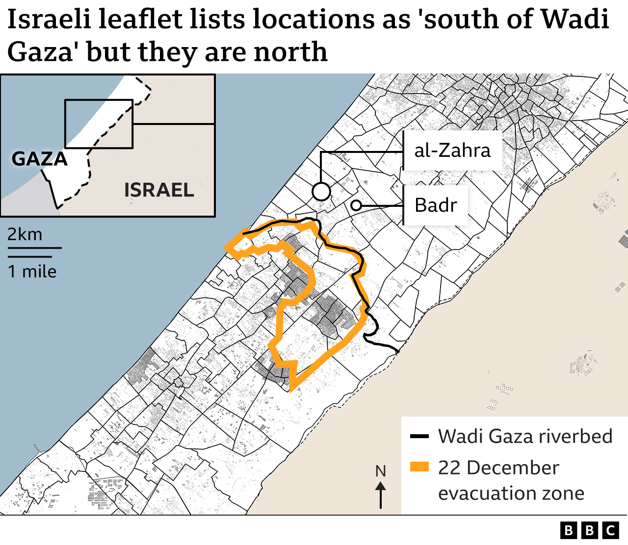 Map showing the evacuation area south of the Wadi Gaza riverbed and the al-Zahra and Badr neighbourhoods outside it in the north