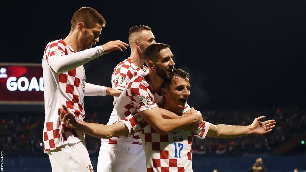 Croatia's Ante Budimir celebrates scoring against Armenia in a European Championship qualifier
