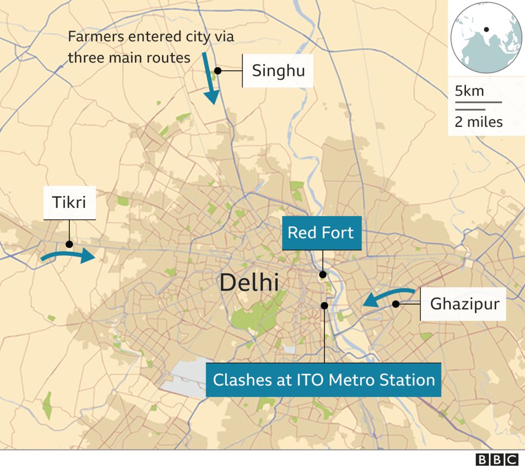 A BBC graphic showing where protesters entered Delhi