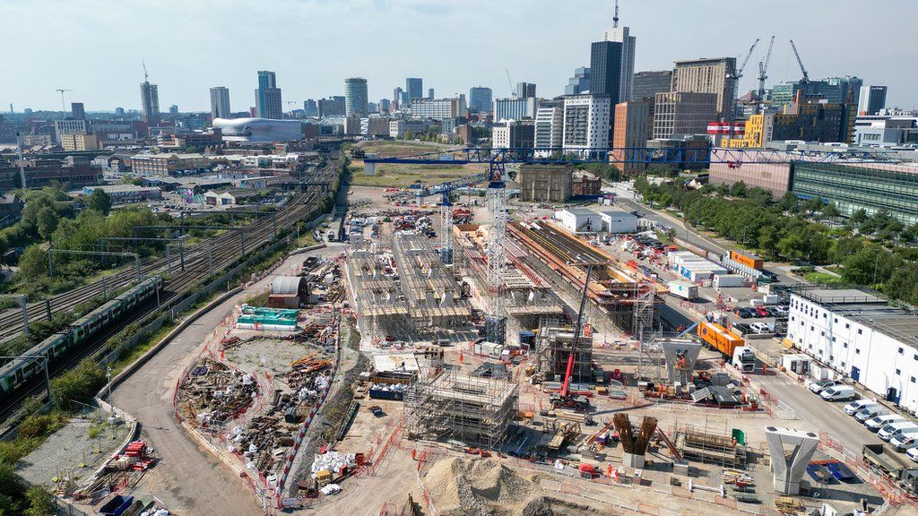 An aerial view shows the site of the Birmingham High Speed Rail 2 station construction site at Curzon Street