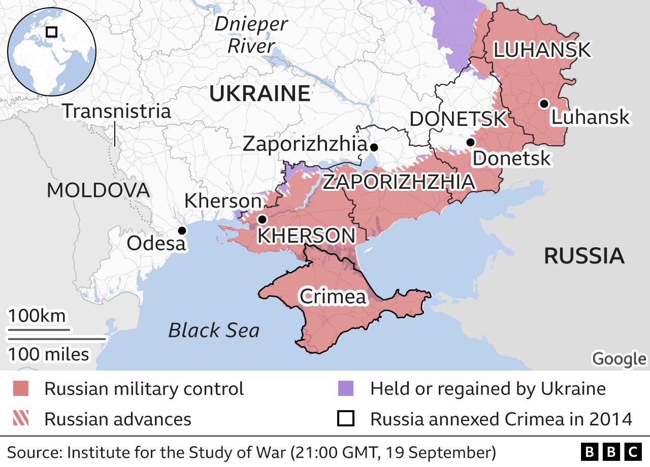 Map shows parts of eastern and southern Ukraine occupied by Russia, including vast tracts of land in the Luhansk, Donetsk, Zaporizhzhia and Kherson regions - as well as Crimea