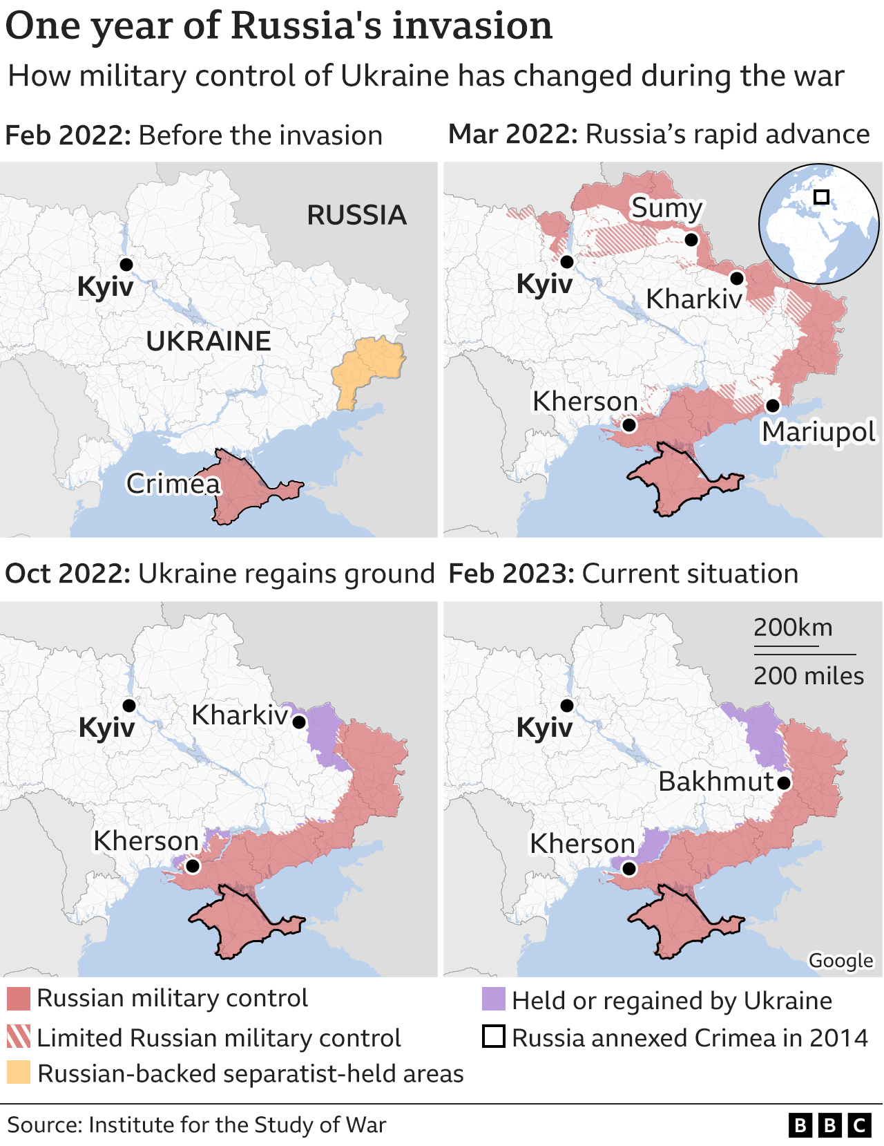 Maps showing territorial control in Ukraine from February 2022 to February 2023