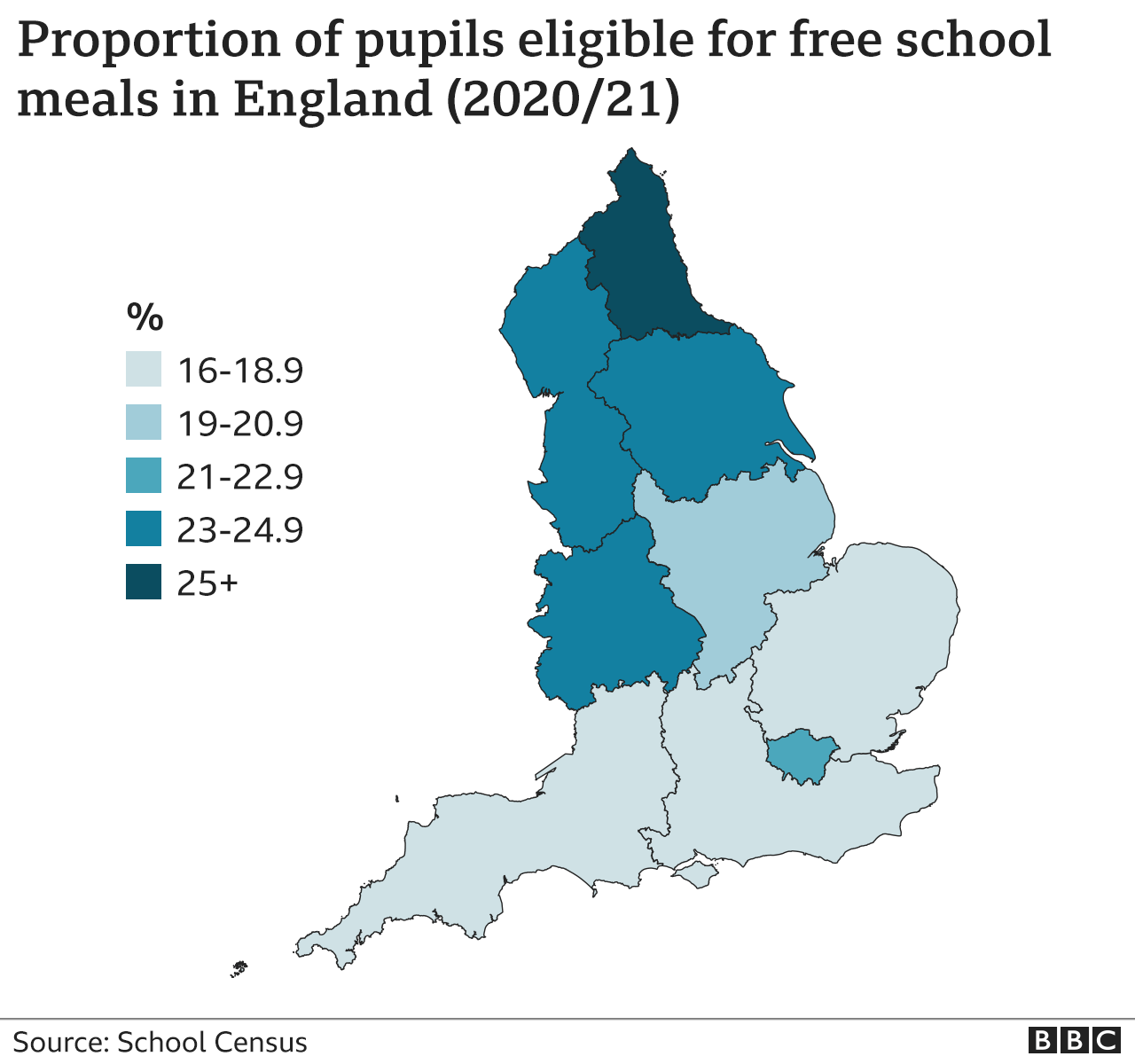 Map showing proportion of pupils eligible for free school meals in England (2020/21)