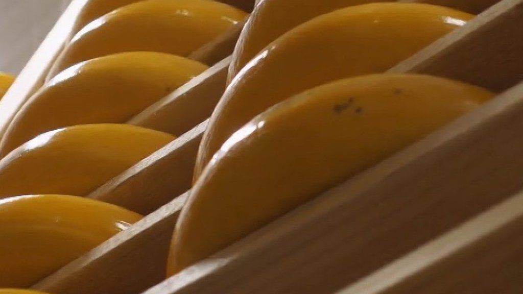 Yellow cheeses on a shelf