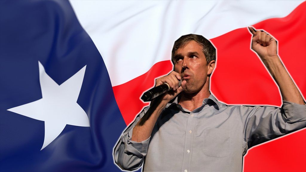 Composite of Beto O'Rourke in front of Texas flag