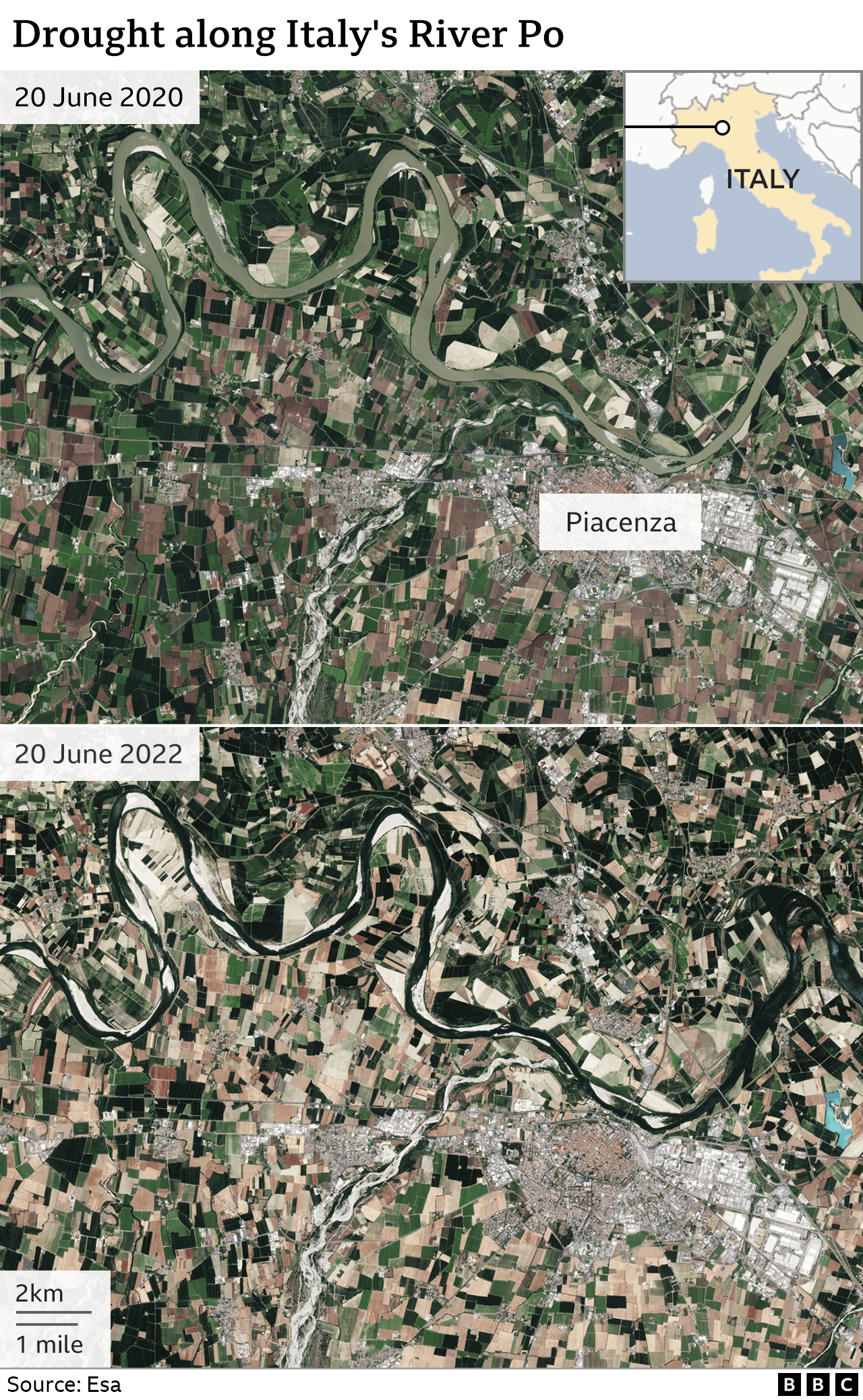 Спутниковые снимки показывают последствия засухи вдоль реки По в северной Италии