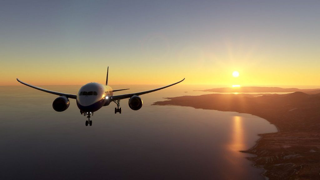 An airliner passenger jet flies away from a sunset off the Greek island of Kefalonia in this in-game image