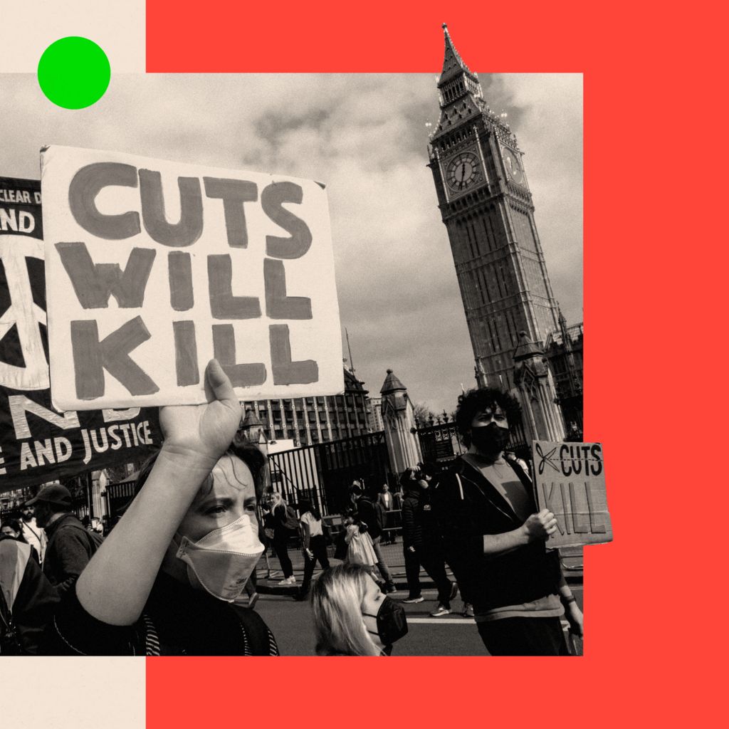 A treated image of disabled activists protesting outside Parliament. One holds a sign that reads 'Cuts will kill'."
