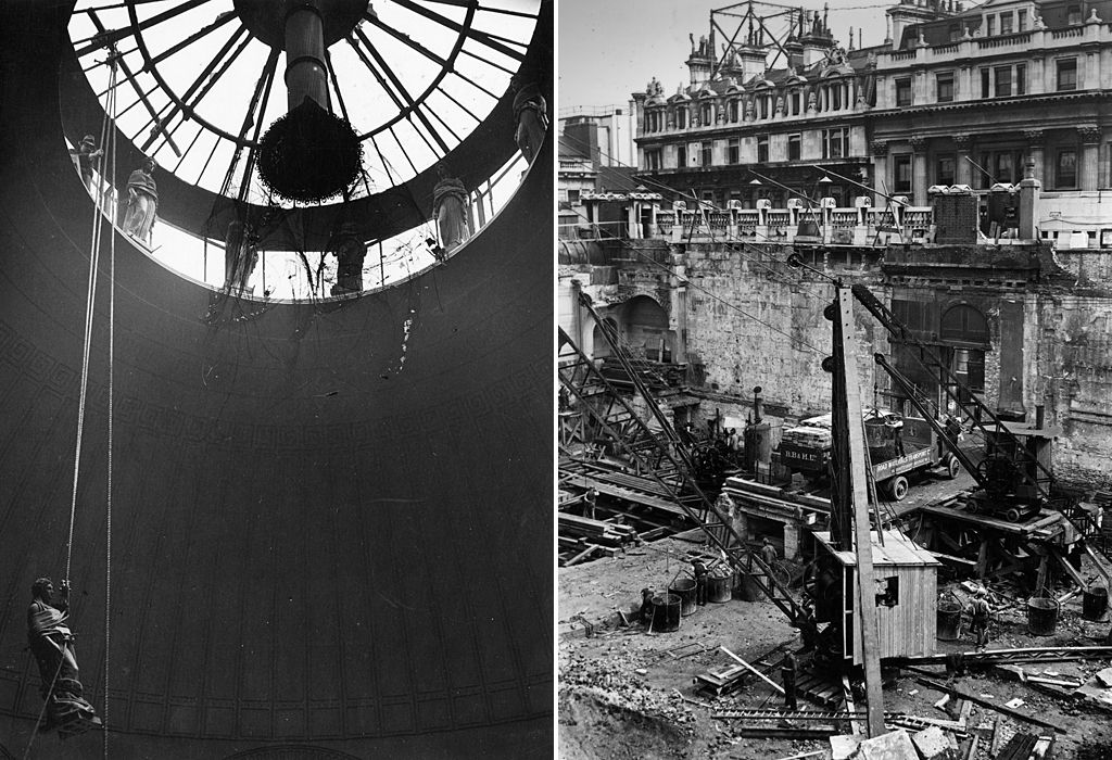 Bank of England rebuilding, 1920s/30s - Caryatid being lowered from Consols Office lantern/demolition of north east corner