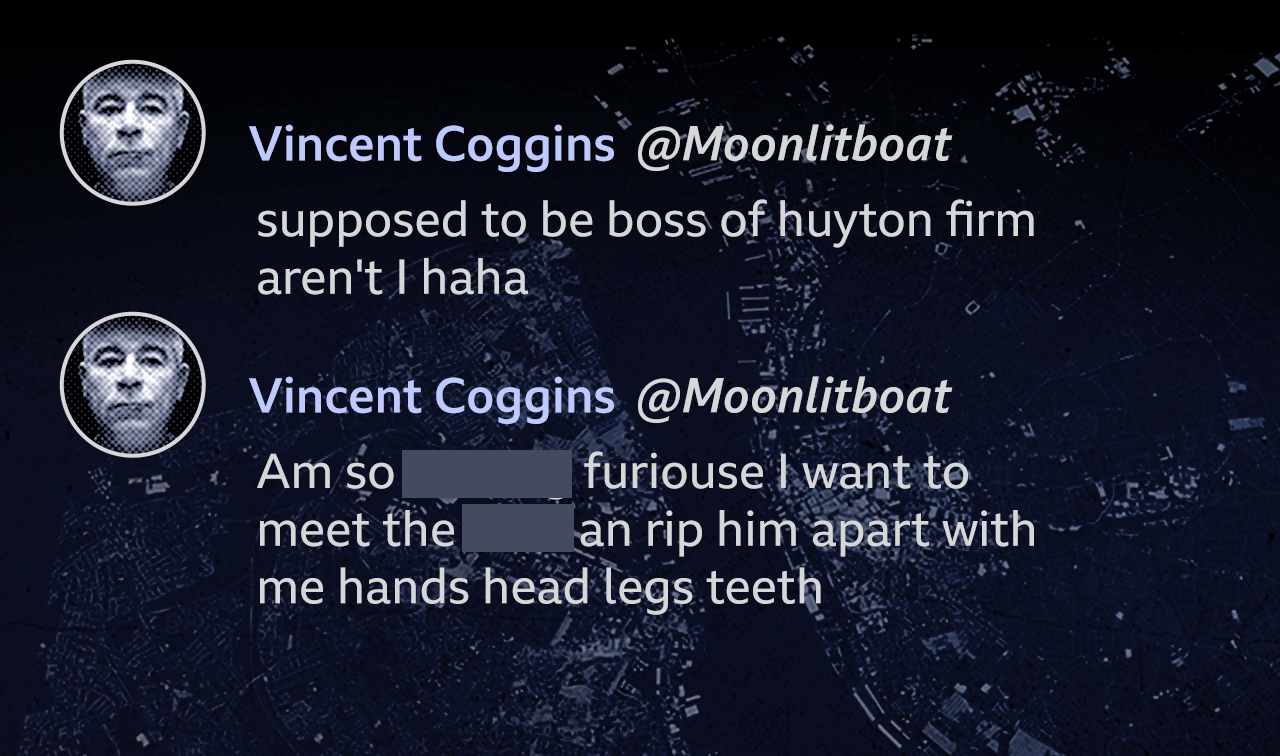 Graphic showing EncroChat messages from Vincent Coggins with the username "Moonlitboat". He says, "supposed to be boss of huyton firm aren't I haha", and "Am so [expletive deleted] furious I want to meet the [expletive deleted] an rip him apart with me hands head legs teeth".