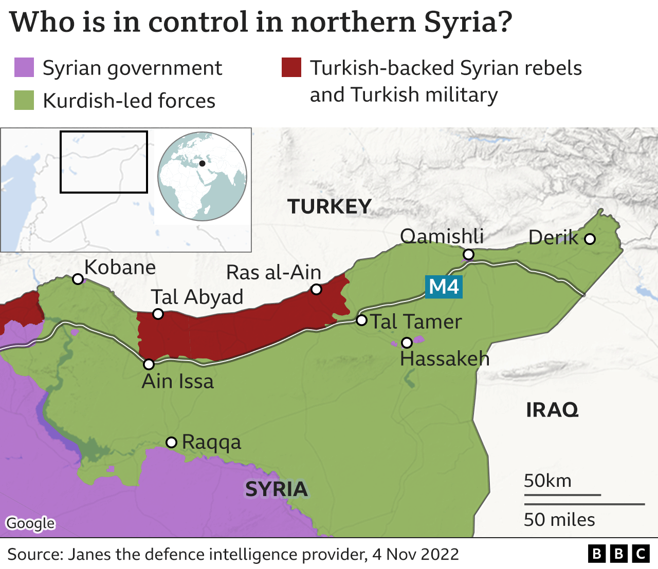 Карта, показывающая, кто контролирует северную Сирию (4 ноября 2022 г.)