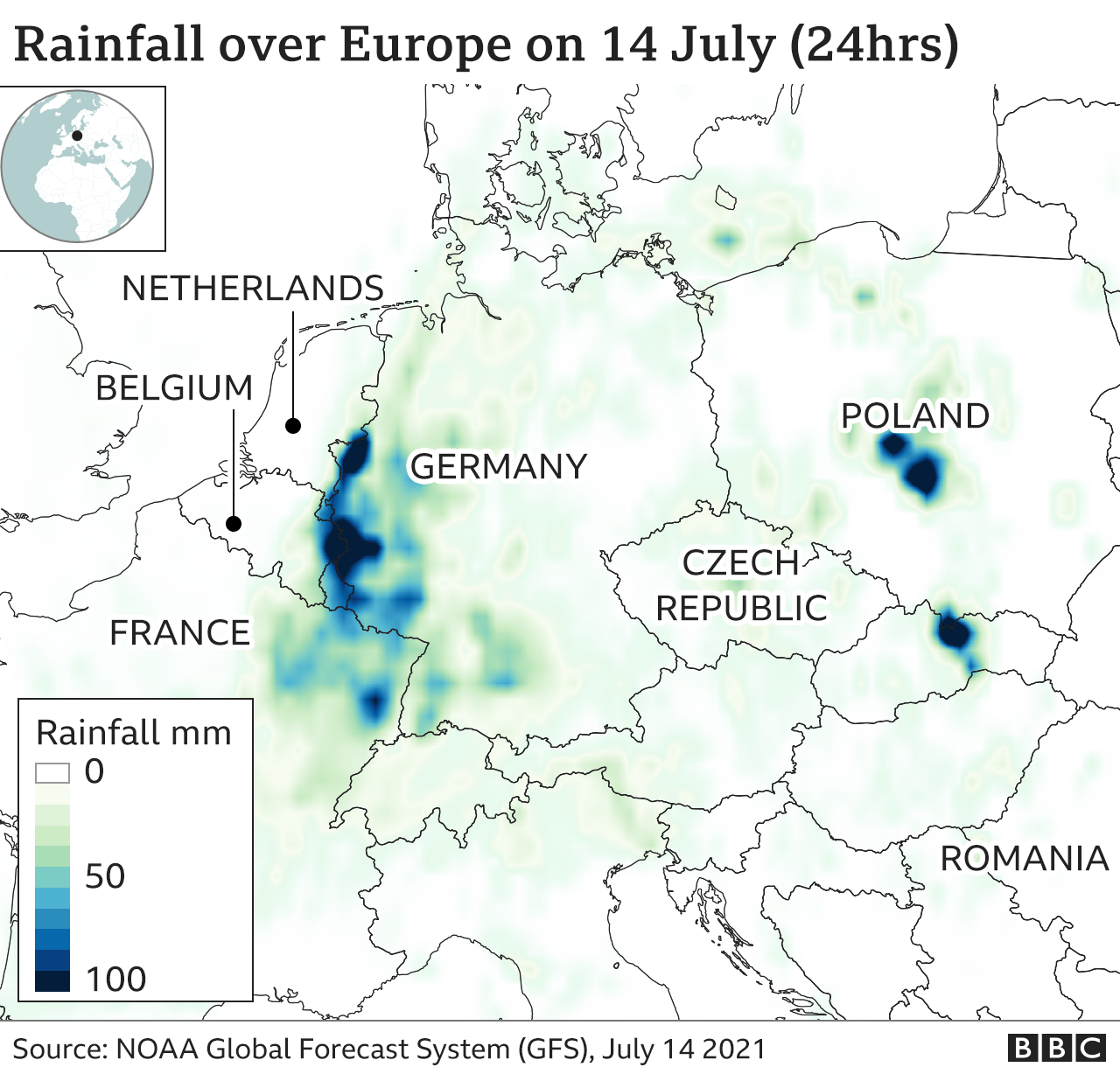 Map showing areas of heavy rainfall in Western Europe