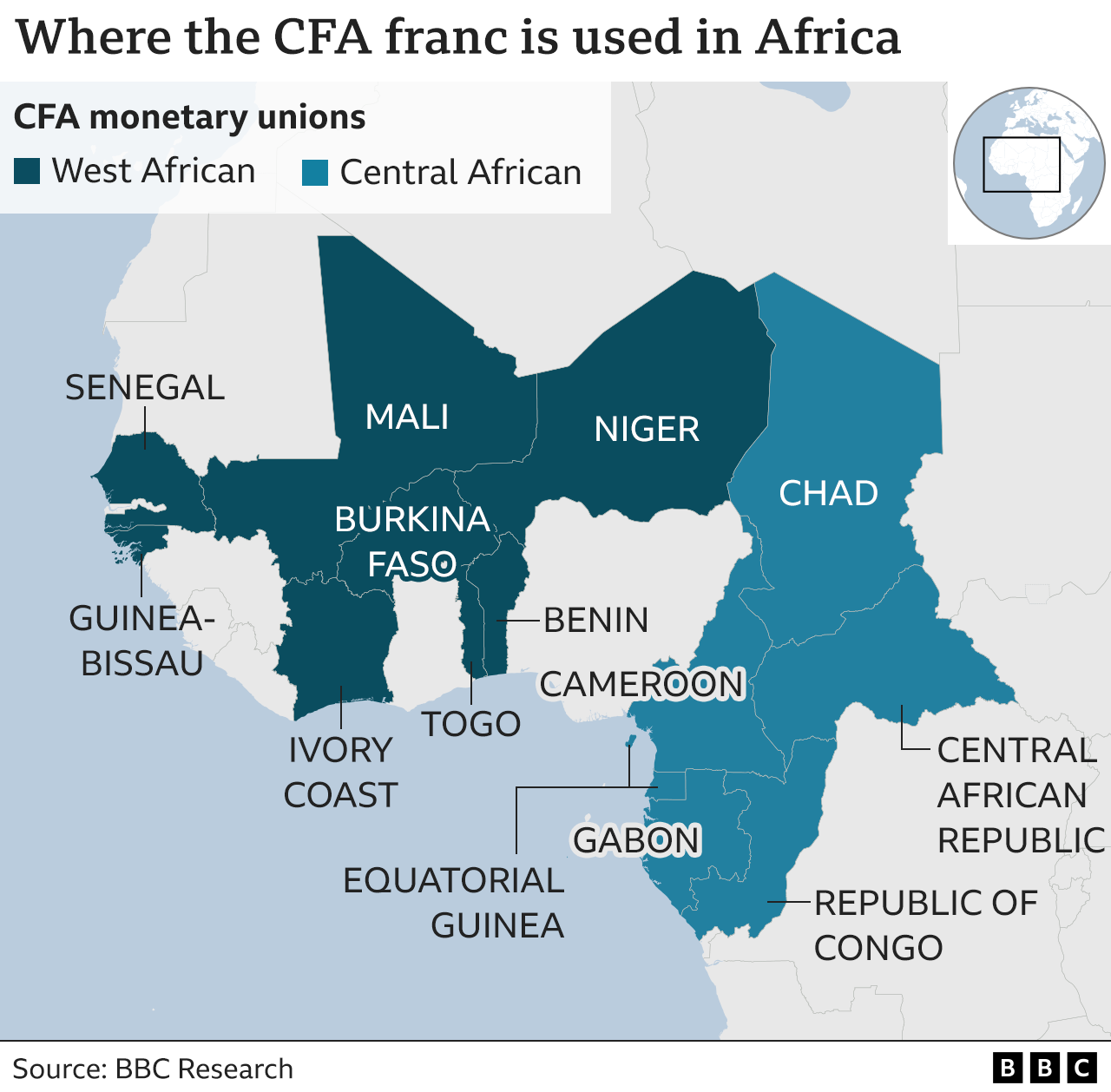 A map showing the 14 CFA franc countries
