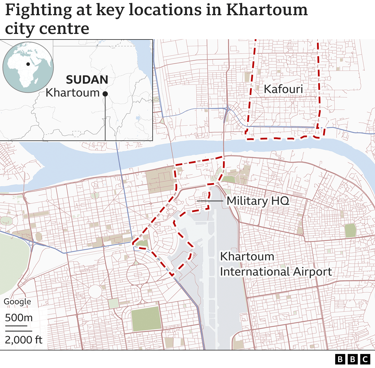 Map showing fighting at key locations in Khartoum city centre