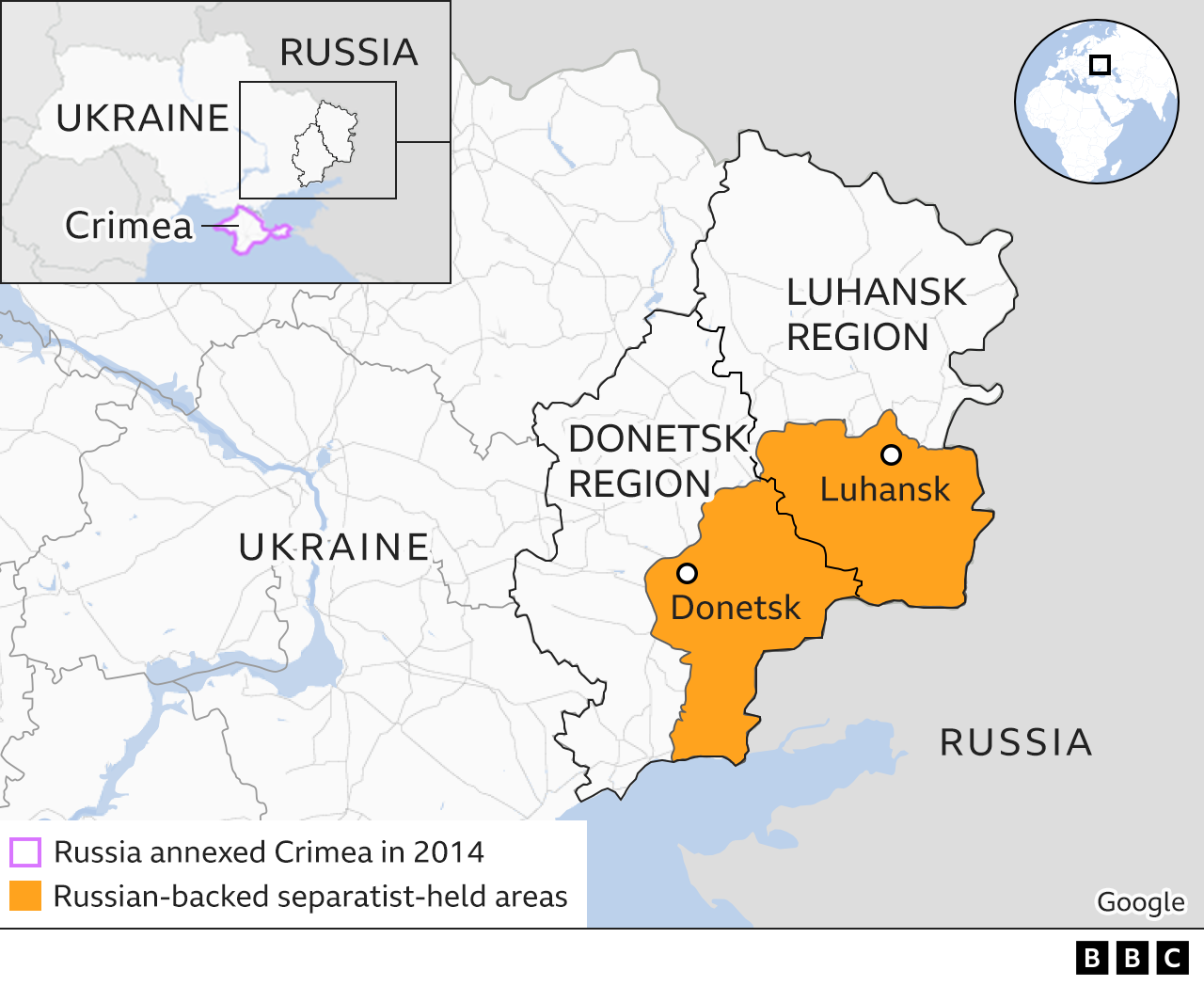 Map showing the regions of Donetsk and Luhansk in eastern Ukraine and the Russian-backed separatist-held areas within those regions.