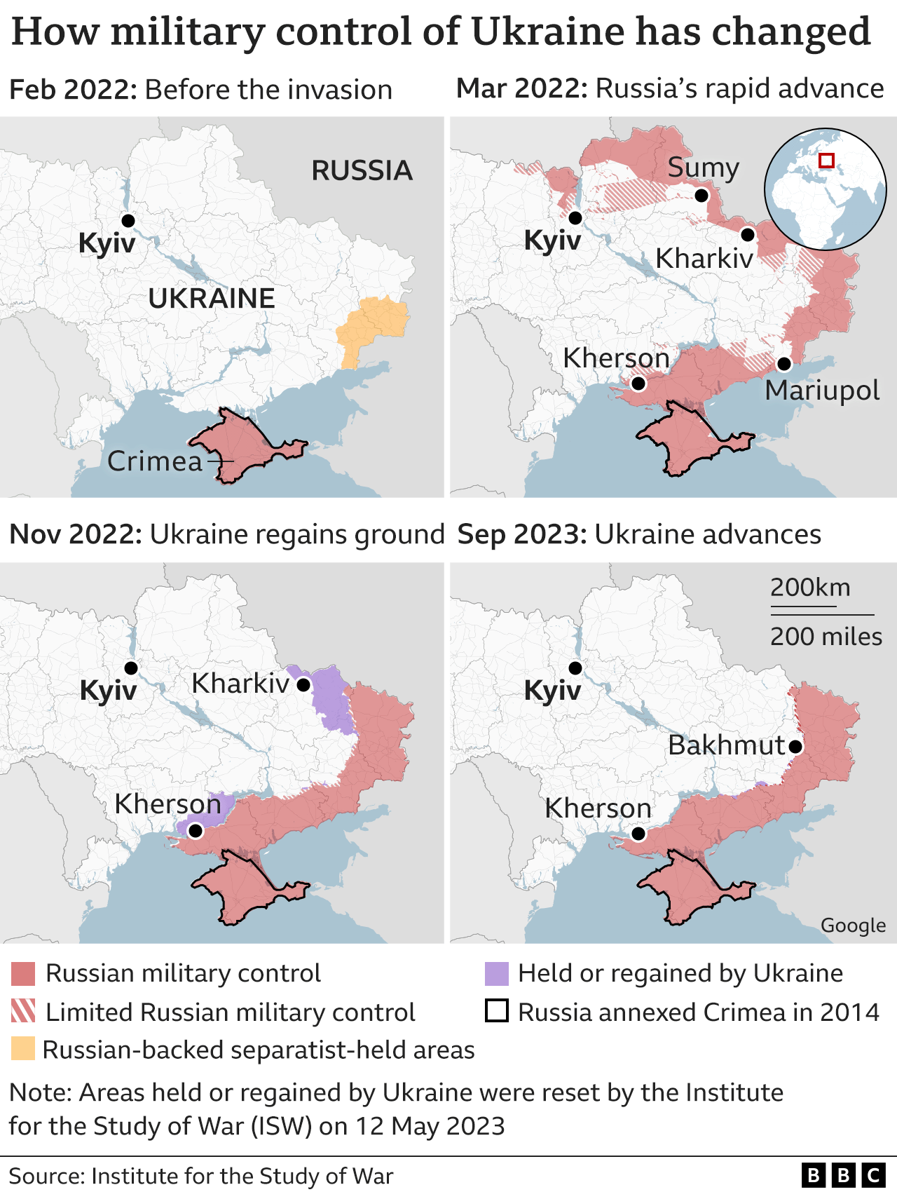 Four maps showing how the situation has changed on the ground since Russia's invasion..