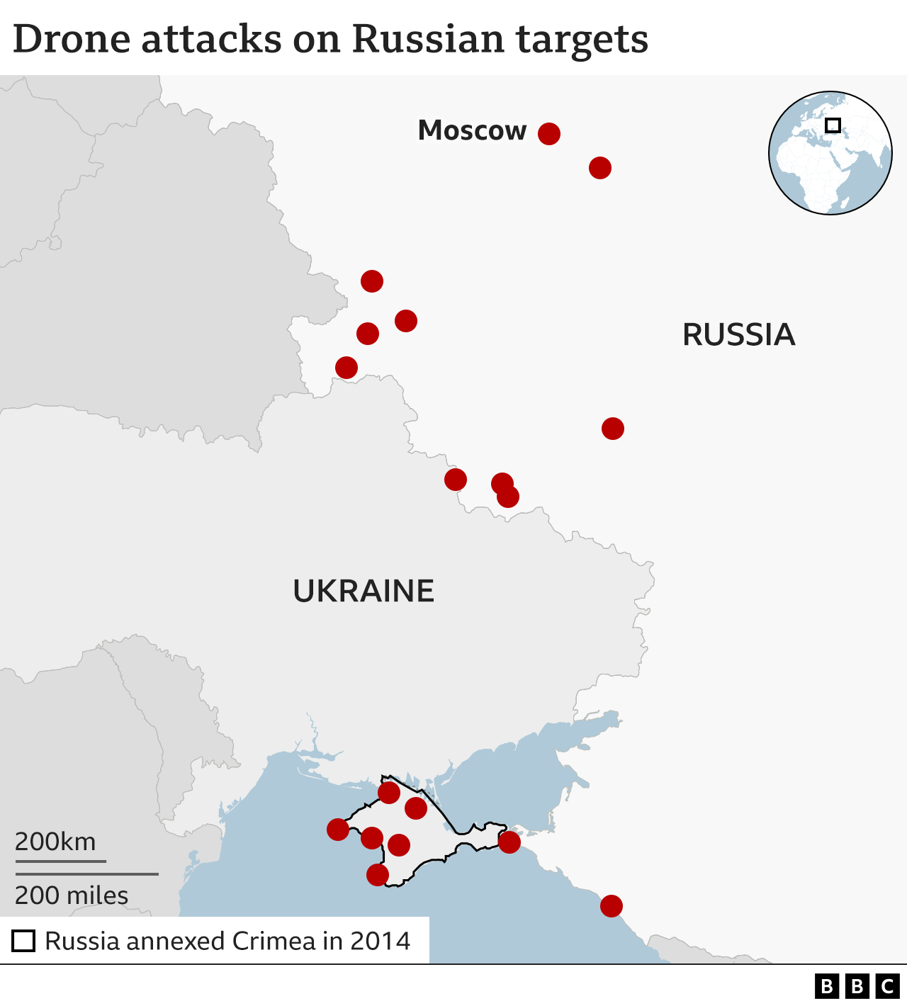A map of Ukraine and Russia showing the approximate locations of reported Ukrainian drone attacks on Russian targets in Russian-controlled territory in Ukraine and Russia since the start of the year. A number of attacks can be seen in the Crimean peninsula and in Russia, primarily north-east of the Ukrainian border, stretching as far as the vicinity of Moscow